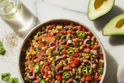 A bowl filled with vibrant ingredients of texas caviar including black-eyed peas, corn, peppers, and cilantro