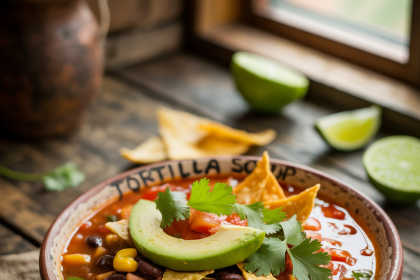 Bowl of hearty vegetarian tortilla soup garnished with avocado, cilantro, and crispy tortilla strips