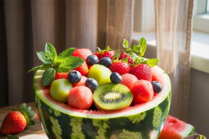 Freshly carved watermelon fruit bowl filled with assorted fruits on a table