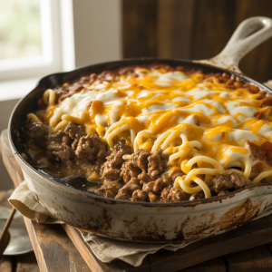Freshly baked Amish hamburger steak bake served in a casserole dish