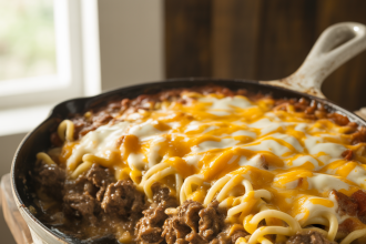 Freshly baked Amish hamburger steak bake served in a casserole dish