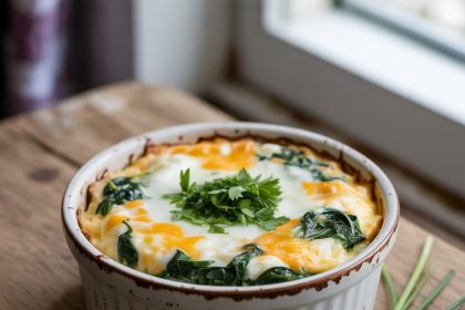 Freshly baked cottage cheese eggs served in a ceramic dish on a breakfast table