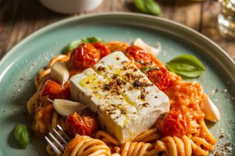 Creamy baked feta pasta served in a white bowl with cherry tomatoes and basil