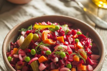 Colorful beet salad served in a bowl with fresh herbs and vinaigrette