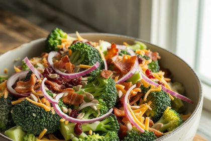 A bowl of the best broccoli salad recipe featuring fresh broccoli, bacon, cranberries, and creamy dressing