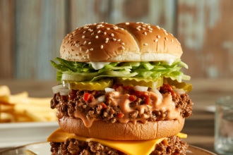 Plate of homemade big mac sloppy joes with melted cheese and special sauce on a toasted bun