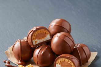 Plate of homemade butterfinger balls covered in chocolate