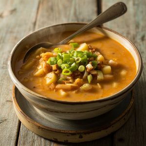 A steaming bowl of cajun potato soup with herbs and spices