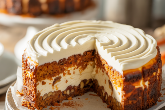 A slice of carrot cake cheesecake on a plate, showcasing the layers of moist carrot cake and creamy cheesecake