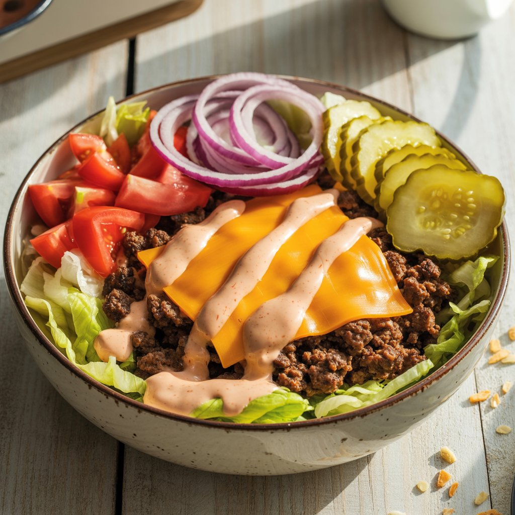 Freshly made cheeseburger bowls with ground beef, cheese, pickles, and lettuce in a white bowl