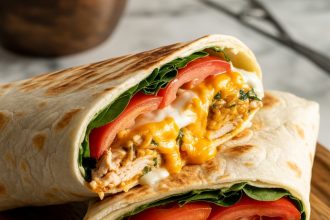 A plate of freshly made cheesy garlic chicken wraps filled with melted cheese, grilled chicken, and garlic sauce
