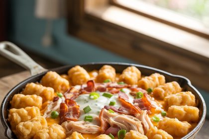 Golden baked chicken bacon ranch tater tot casserole in a white casserole dish, topped with crispy bacon and melted cheese