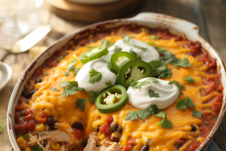 Baked chicken burrito casserole topped with melted cheese in a glass dish