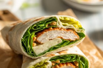 Freshly made chicken caesar wrap on a wooden board with lettuce and dressing