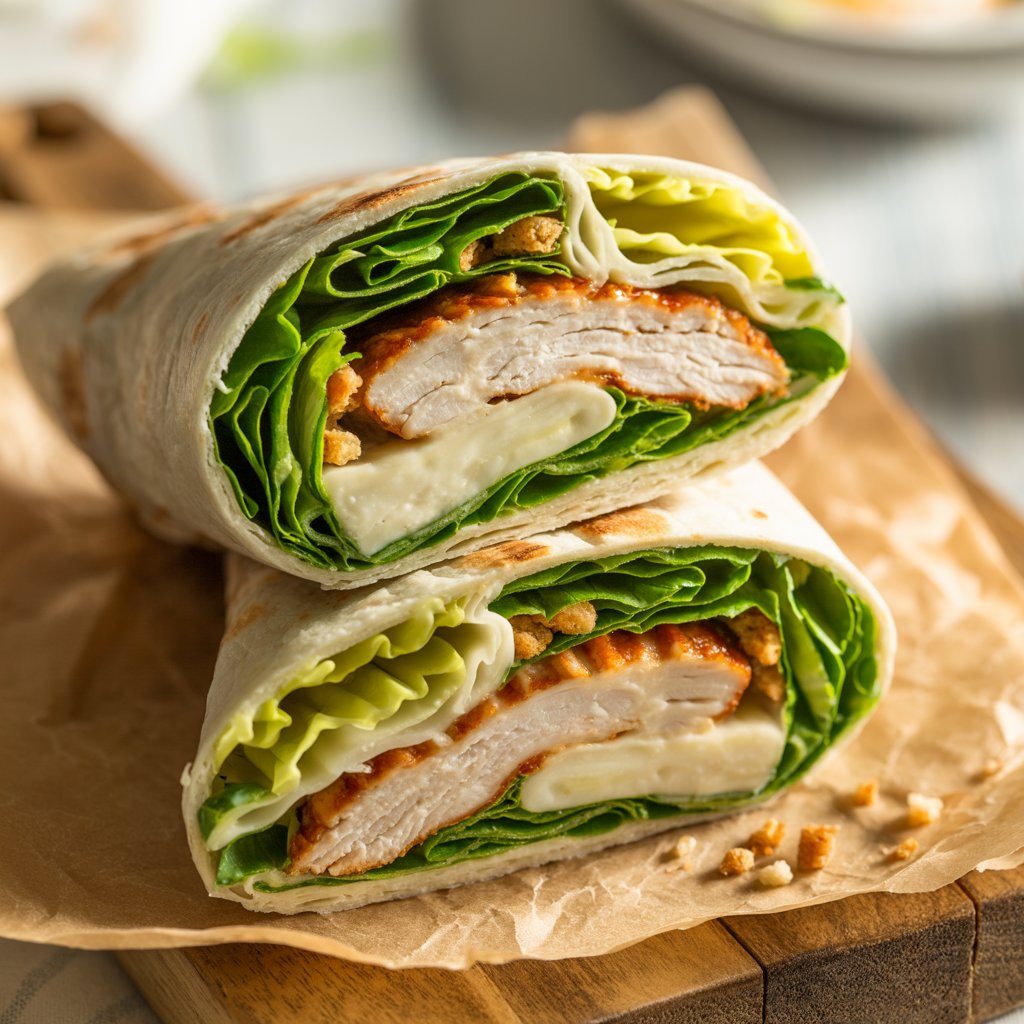 Freshly made chicken caesar wrap on a wooden board with lettuce and dressing