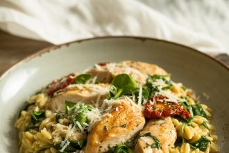 A flavorful bowl of chicken orzo recipes with fresh herbs and vegetables