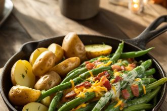 A hearty bowl of country ranch green beans and potatoes served on a rustic wooden table