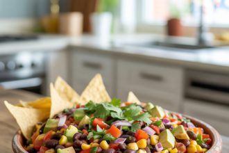 Bowl of colorful cowboy caviar made with beans, corn, tomatoes, and herbs