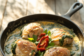 Plate of creamy spinach chicken served with mashed potatoes and garnish
