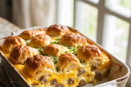 Hot and cheesy crescent roll breakfast casserole in a baking dish, ready to serve