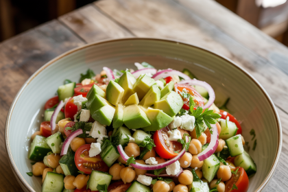 A bowl of cucumber chickpea salad with chopped herbs and lemon wedges on the side
