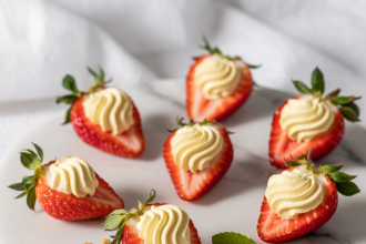 A plate of deviled strawberries filled with creamy cheesecake filling and topped with crushed graham crackers
