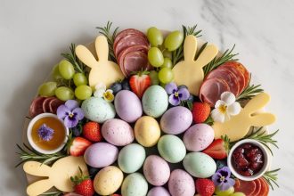 Colorful and festive Easter charcuterie board with meats, cheeses, fruits, and themed decorations