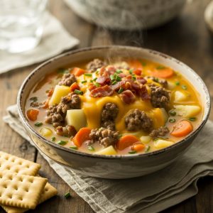 Bowl of easy cheeseburger soup with melted cheese, ground beef, and potatoes
