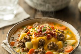 Bowl of easy cheeseburger soup with melted cheese, ground beef, and potatoes