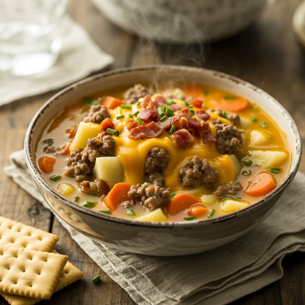 Bowl of easy cheeseburger soup with melted cheese, ground beef, and potatoes