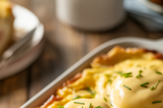Close-up image of a freshly baked eggs benedict casserole topped with hollandaise sauce and herbs