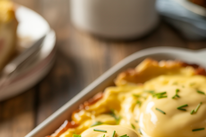 Close-up image of a freshly baked eggs benedict casserole topped with hollandaise sauce and herbs