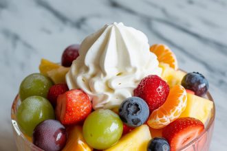 A colorful bowl of frozen fruit salad with berries, bananas, and whipped cream on a white table.