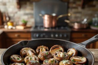 A skillet filled with sizzling garlic mushrooms garnished with parsley