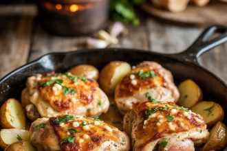 Oven-baked garlic parmesan chicken and potatoes served on a white plate with herbs