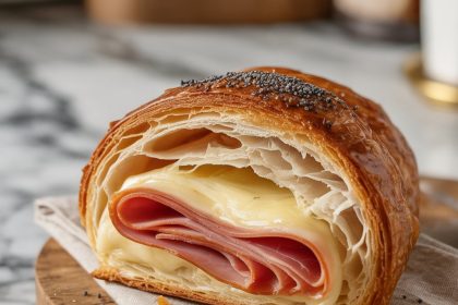 A freshly baked ham and cheese croissant with golden, flaky layers and melted cheese oozing out