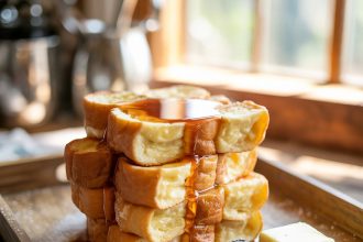 A plate of golden-brown Hawaiian roll French toast served with fresh berries and maple syrup