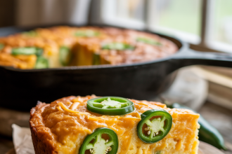 Freshly baked jalapeno cheddar cornbread served in a cast iron skillet