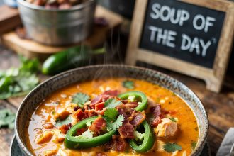 A bowl of creamy jalapeno popper chicken soup topped with crispy bacon and sliced jalapenos