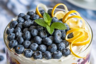 Layered lemon blueberry trifle in a glass bowl topped with whipped cream and fresh blueberries
