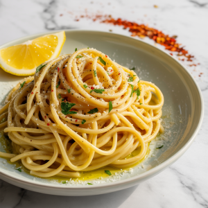 A bowl of lemon garlic pasta garnished with parsley and lemon zest