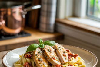 A delicious bowl of creamy marry me chicken pasta garnished with fresh herbs and parmesan cheese