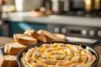 Homemade Maryland crab dip served in a baking dish with toasted bread on the side