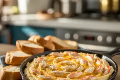 Homemade Maryland crab dip served in a baking dish with toasted bread on the side