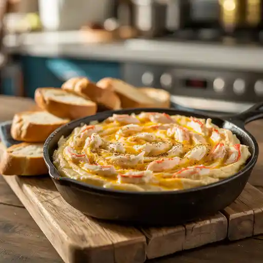 Homemade Maryland crab dip served in a baking dish with toasted bread on the side