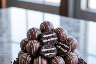 A close-up of finished Oreo balls recipe with a chocolate coating on a white plate