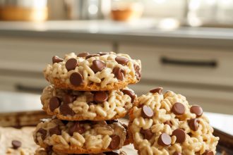 Close-up of freshly baked rice krispie chocolate chip cookies on a cooling rack