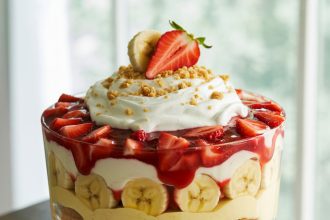 A layered dessert of strawberry cheesecake banana pudding served in a glass dish, topped with whipped cream and fresh strawberries