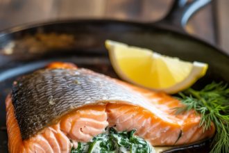 Delicious baked stuffed salmon fillet on a white plate with garnish