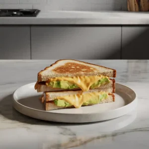 Close-up image of an avocado grilled cheese sandwich cut in half showing creamy avocado and melted cheese inside toasted golden bread